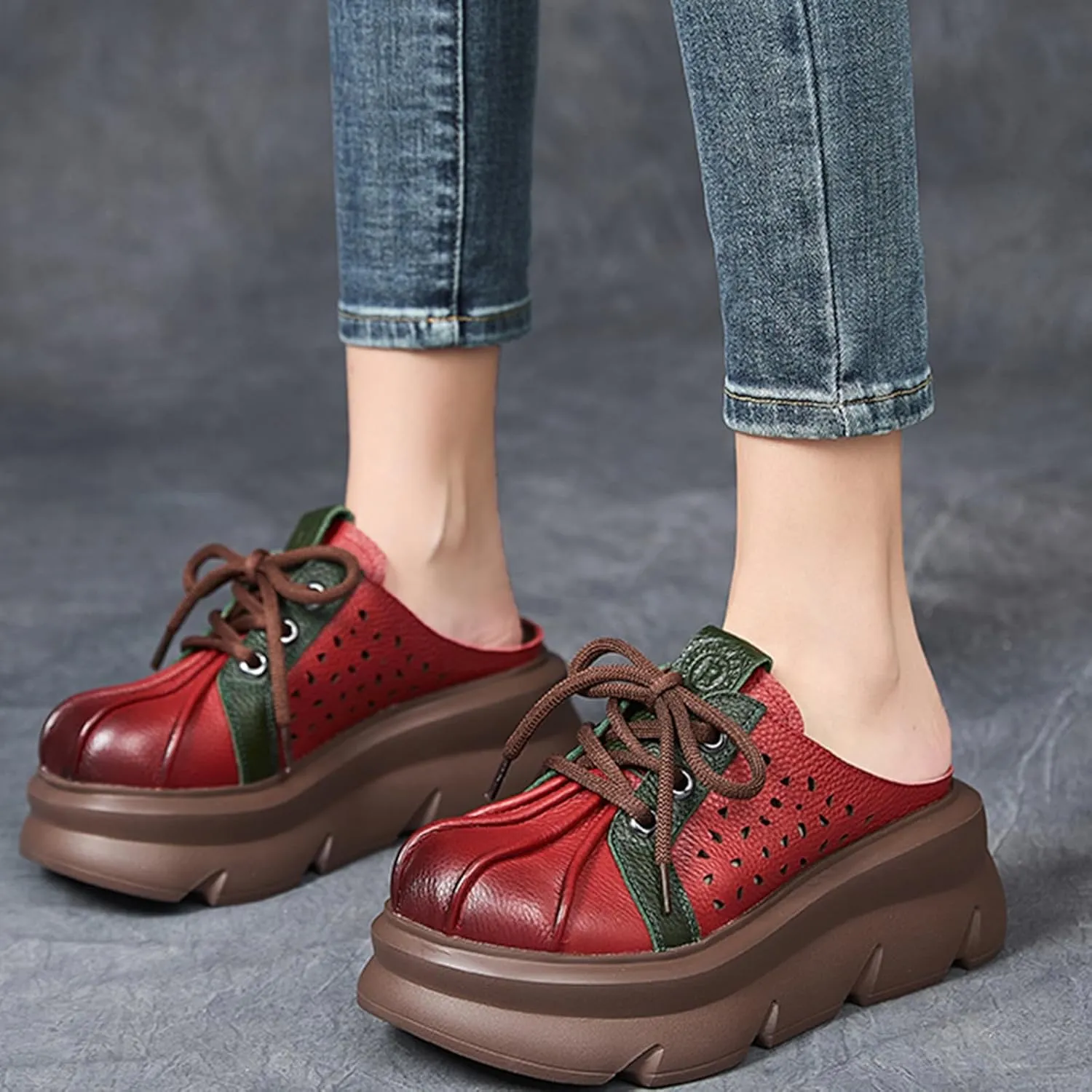 Women's Genuine Leather Hollow Lace Up Platform Mules Sandals Fashion Comfortable Round Closed Toe Slip-on Anti-slip Lug Sole Clogs for Beach Walking Dress Slippers mules for women mules for women