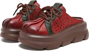Women's Genuine Leather Hollow Lace Up Platform Mules Sandals Fashion Comfortable Round Closed Toe Slip-on Anti-slip Lug Sole Clogs for Beach Walking Dress Slippers mules for women mules for women