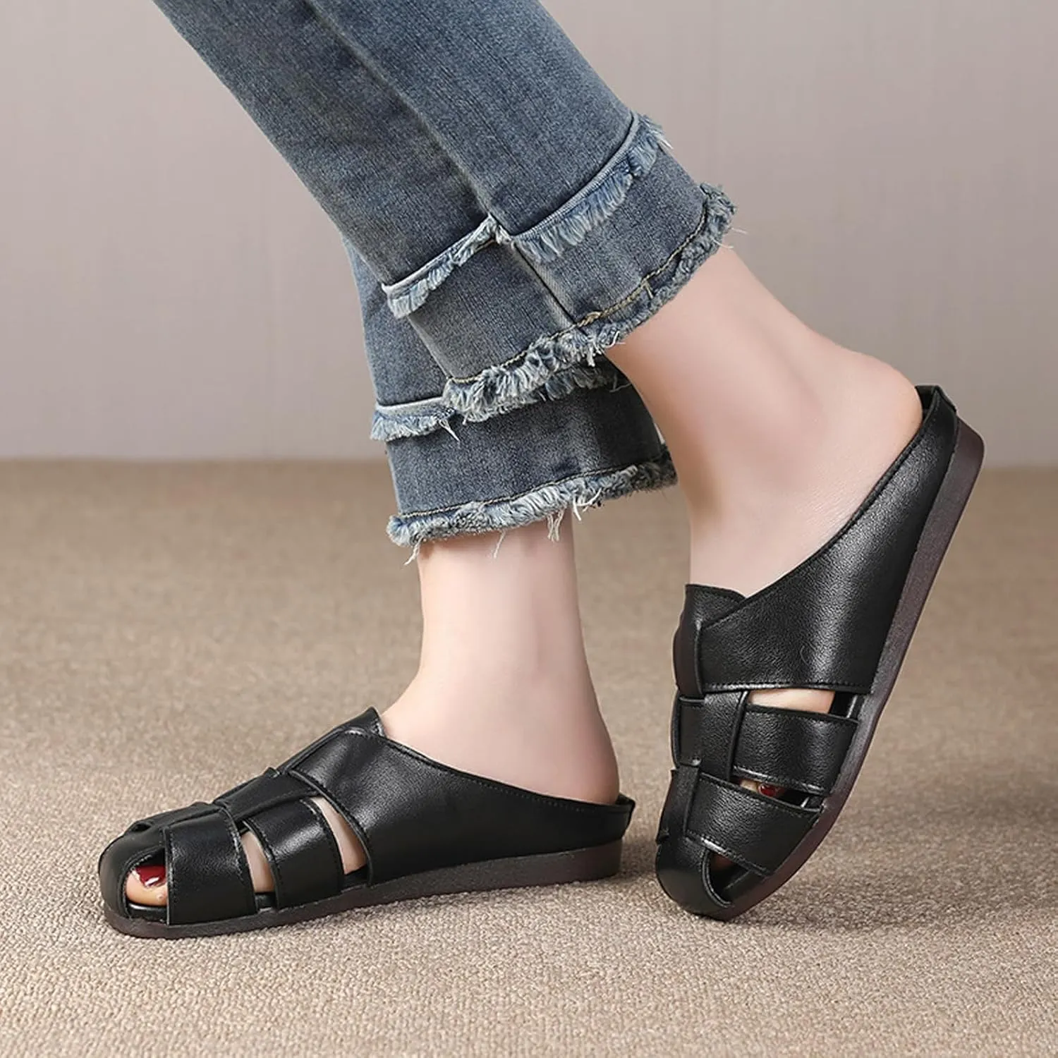 Women's Genuine Leather Woven Flat Slingback Mule Sandals Fashion Round Toe Cutout Slip On Closed Toe Fisherman Slides Summer Leisure Beach Vacation Slide Sandals