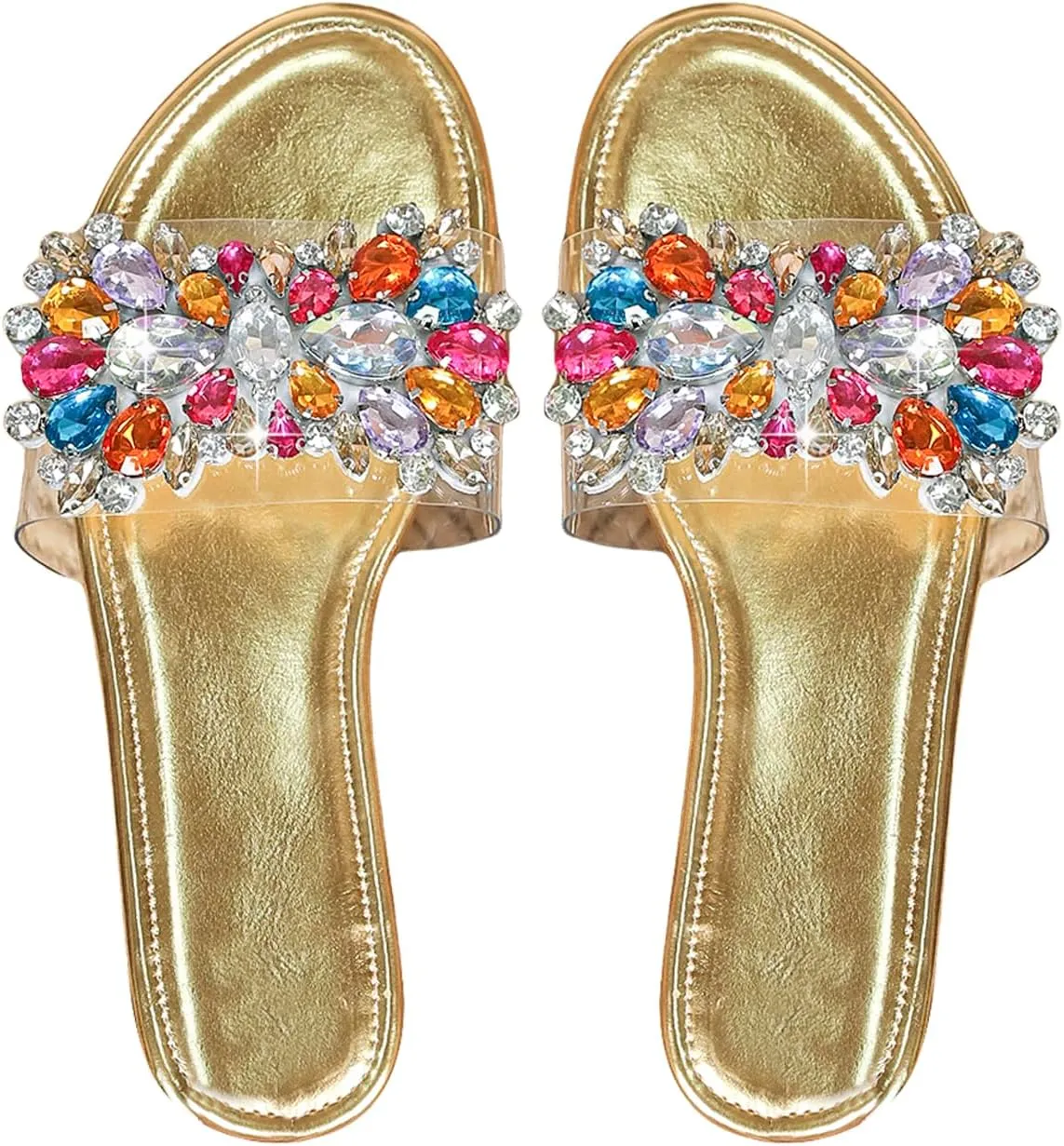 Women's Glitter Rhinestone Sandals Dressy Colorful Flat Sandals Open Toe Single Band Slide Shoes