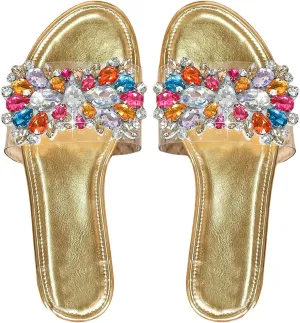 Women's Glitter Rhinestone Sandals Dressy Colorful Flat Sandals Open Toe Single Band Slide Shoes