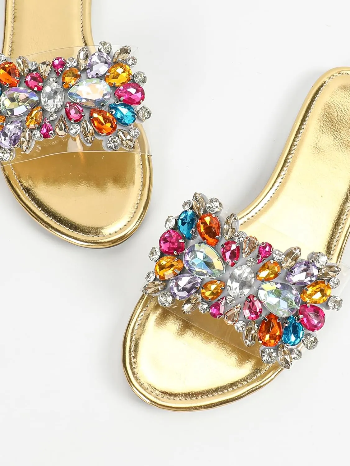 Women's Glitter Rhinestone Sandals Dressy Colorful Flat Sandals Open Toe Single Band Slide Shoes