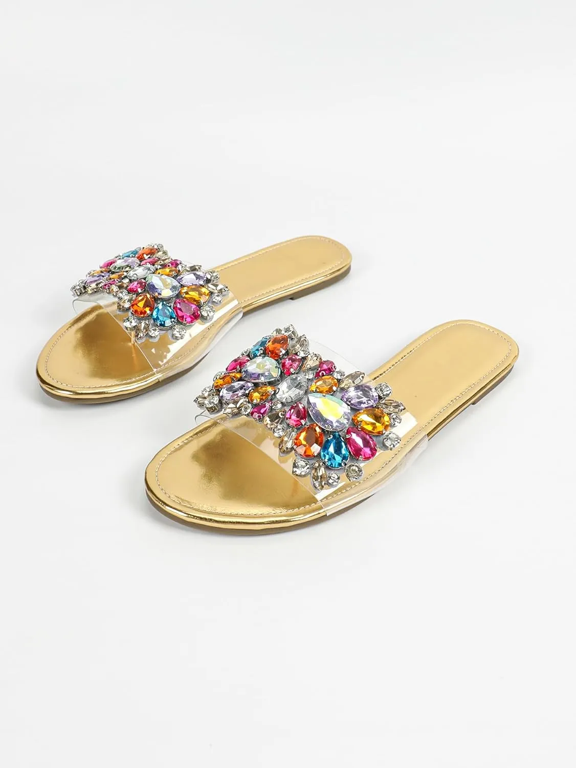Women's Glitter Rhinestone Sandals Dressy Colorful Flat Sandals Open Toe Single Band Slide Shoes