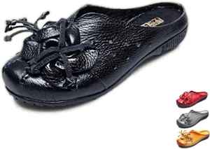 Women's Hand-Stitching Leather Cutout Mules & Clogs Slippers Vintage Flowers Breathable Backless Soft Slip-On Walking Shoes Ethnic Style Loafers