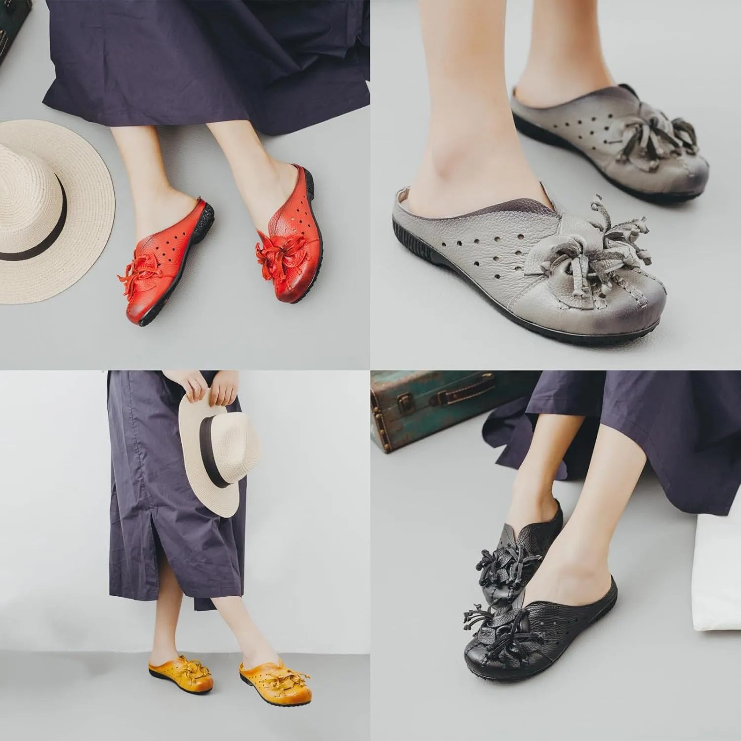 Women's Hand-Stitching Leather Cutout Mules & Clogs Slippers Vintage Flowers Breathable Backless Soft Slip-On Walking Shoes Ethnic Style Loafers