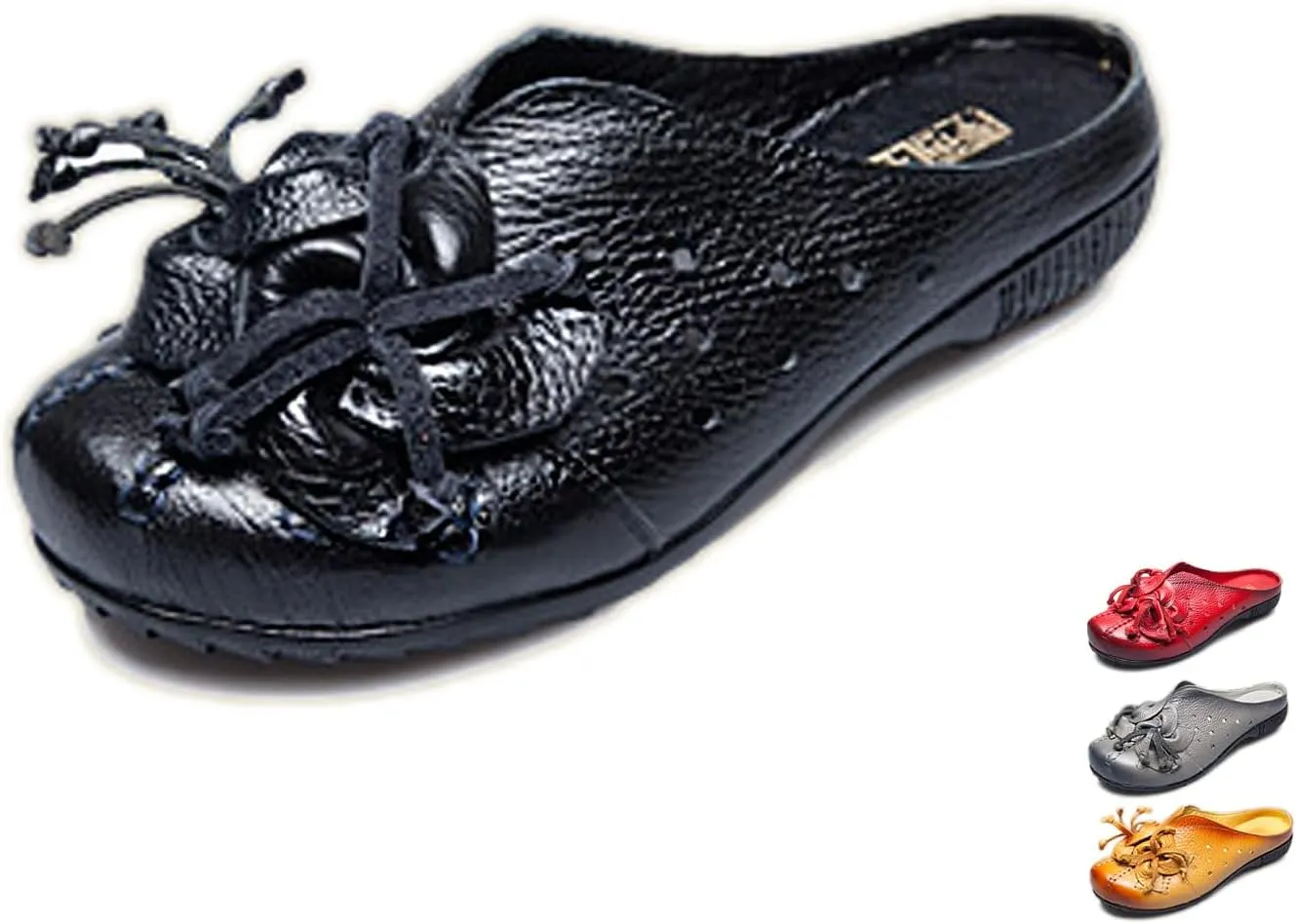 Women's Hand-Stitching Leather Cutout Mules & Clogs Slippers Vintage Flowers Breathable Backless Soft Slip-On Walking Shoes Ethnic Style Loafers