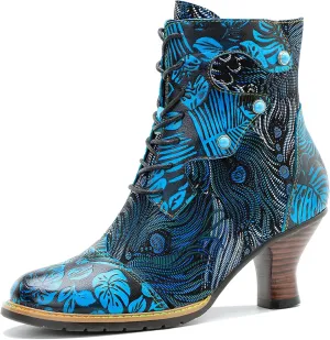 Women's Handmade Retro Lambskin High Heel Boots, Colorful Painting, Metallic Style - Fashion, Comfortable, Durable, Unique Minority Style
