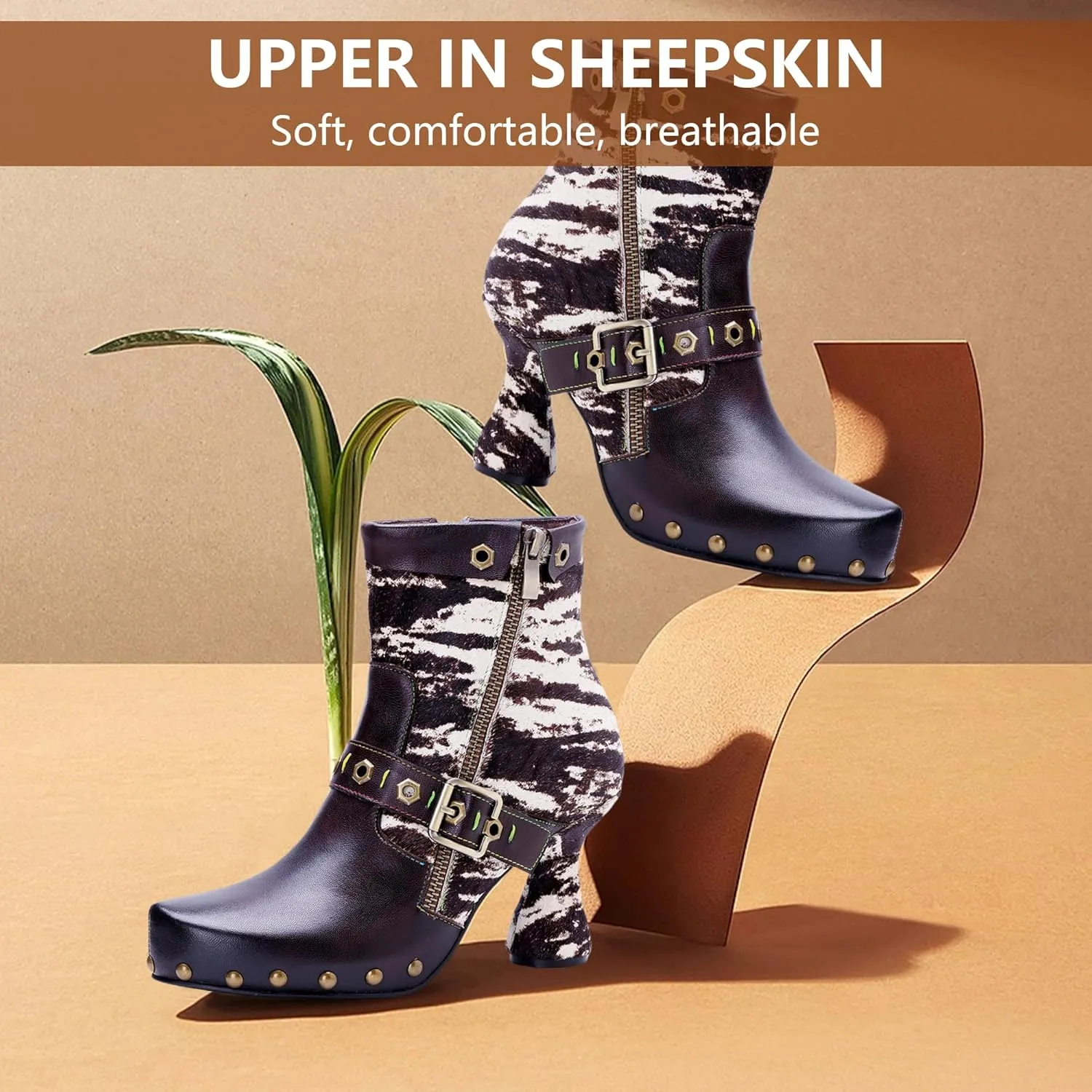Women's Handmade Retro Lambskin High Heel Boots, Colorful Painting, Metallic Style - Fashion, Comfortable, Durable, Unique Minority Style