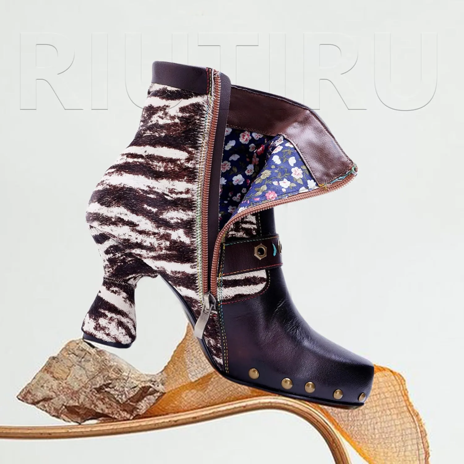 Women's Handmade Retro Lambskin High Heel Boots, Colorful Painting, Metallic Style - Fashion, Comfortable, Durable, Unique Minority Style