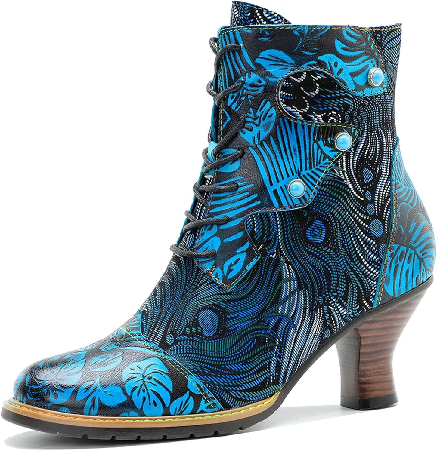 Women's Handmade Retro Lambskin High Heel Boots, Colorful Painting, Metallic Style - Fashion, Comfortable, Durable, Unique Minority Style