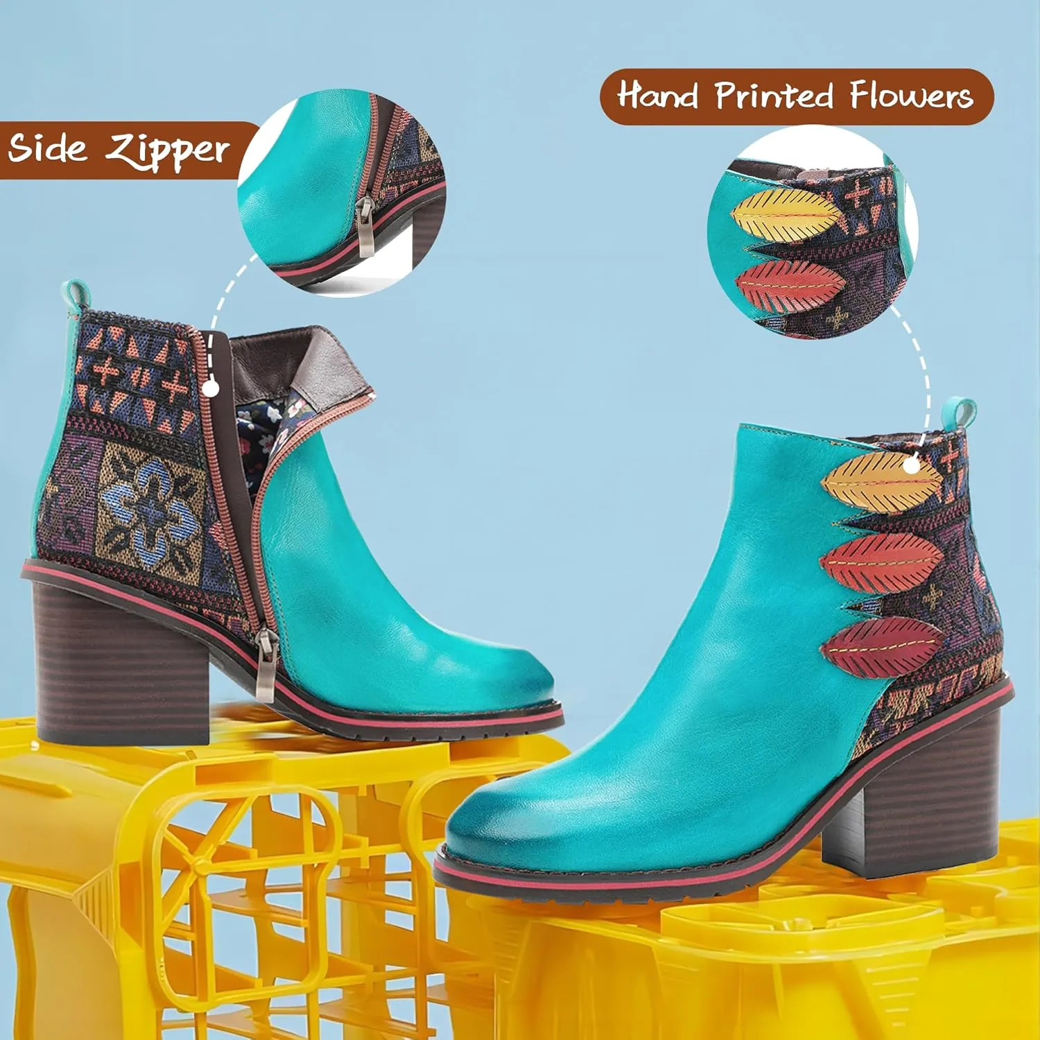 Women's Handmade Retro Lambskin High Heel Boots, Colorful Painting, Metallic Style - Fashion, Comfortable, Durable, Unique Minority Style