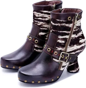 Women's Handmade Retro Lambskin High Heel Boots, Colorful Painting, Metallic Style - Fashion, Comfortable, Durable, Unique Minority Style