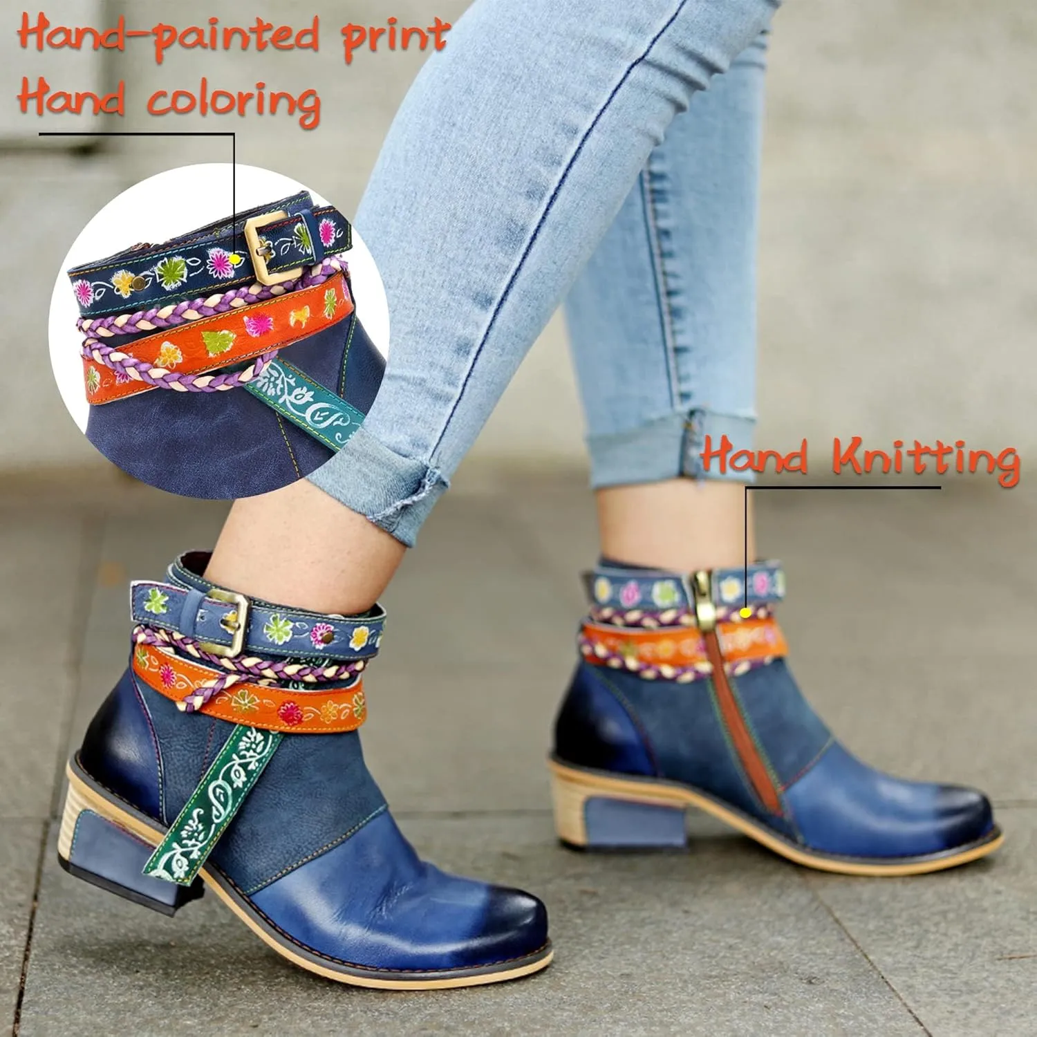 Women's Handmade Retro Lambskin High Heel Boots, Colorful Painting, Metallic Style - Fashion, Comfortable, Durable, Unique Minority Style