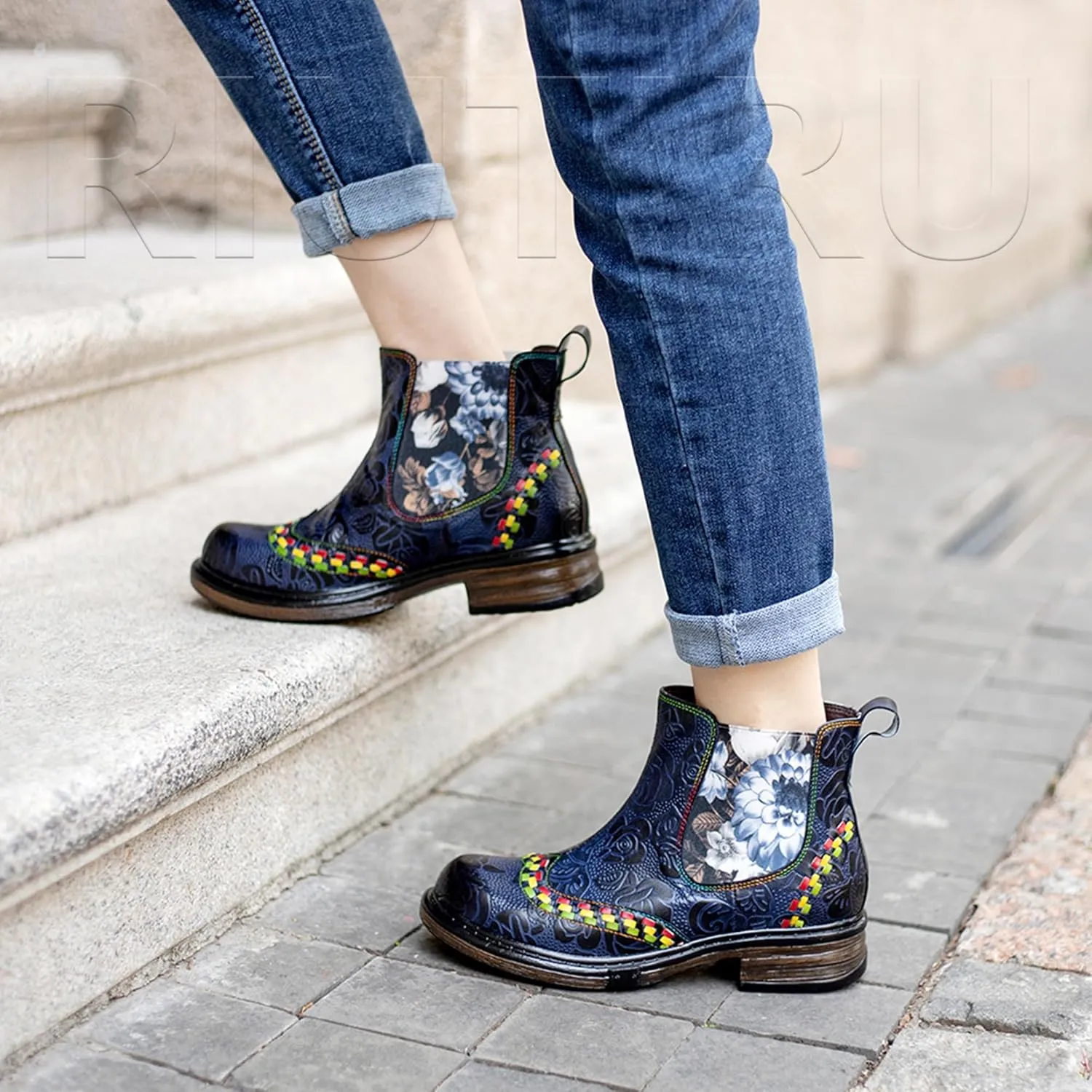 Women's Handmade Retro Lambskin High Heel Boots, Colorful Painting, Metallic Style - Fashion, Comfortable, Durable, Unique Minority Style