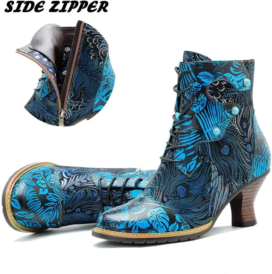 Women's Handmade Retro Lambskin High Heel Boots, Colorful Painting, Metallic Style - Fashion, Comfortable, Durable, Unique Minority Style