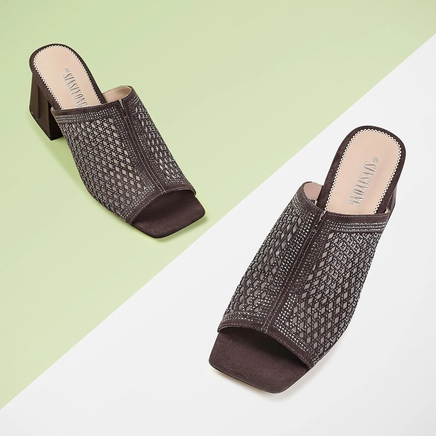 Women's Heeled Mules Open Toe Block Heel Sandals Comfortable Rhinestones Pumps