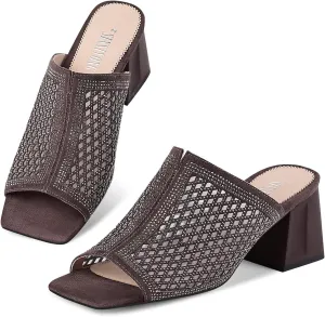 Women's Heeled Mules Open Toe Block Heel Sandals Comfortable Rhinestones Pumps