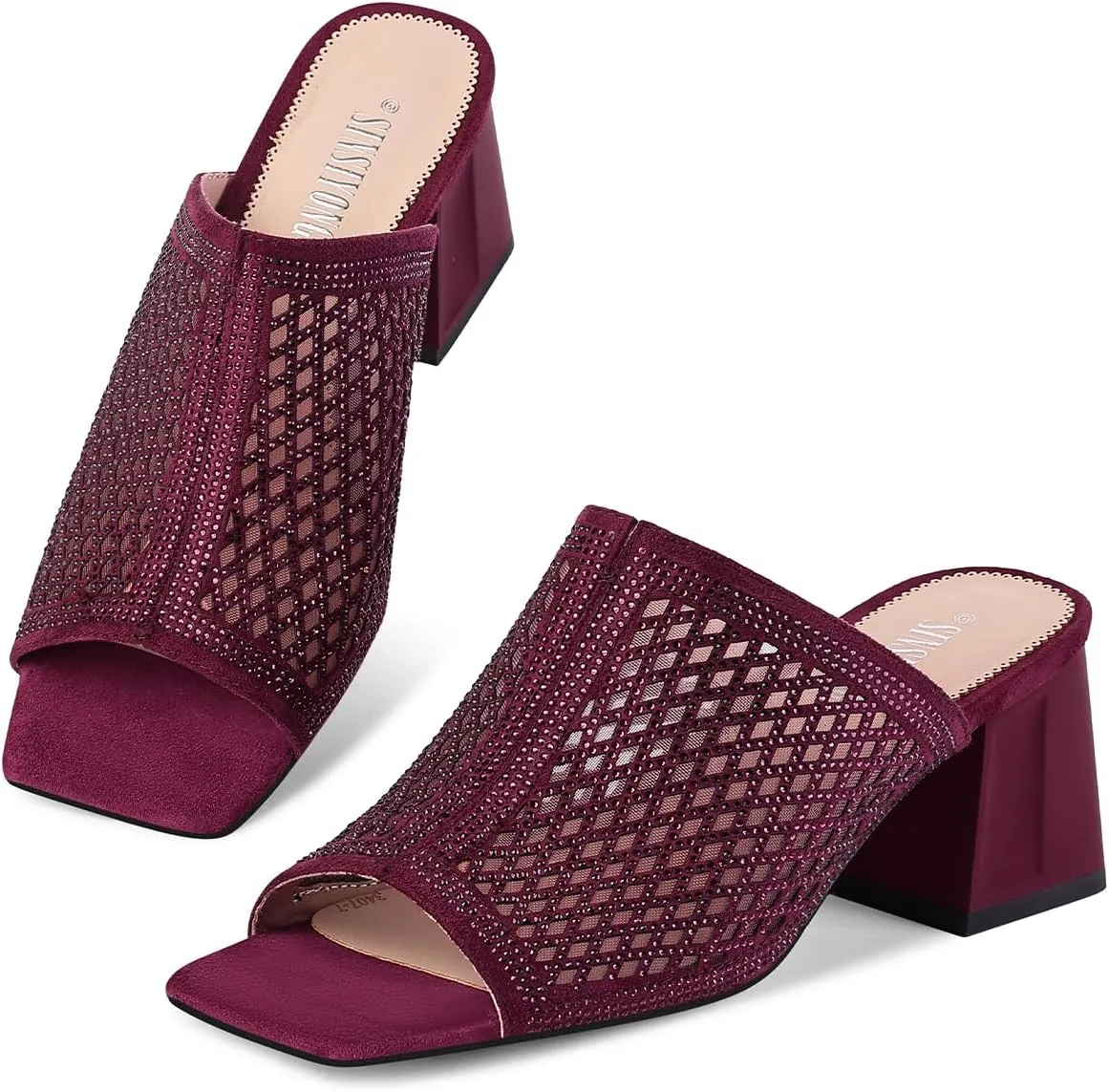 Women's Heeled Mules Open Toe Block Heel Sandals Comfortable Rhinestones Pumps