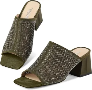 Women's Heeled Mules Open Toe Block Heel Sandals Comfortable Rhinestones Pumps