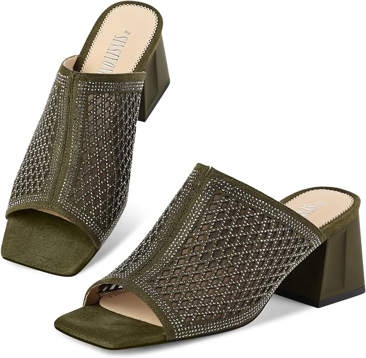 Women's Heeled Mules Open Toe Block Heel Sandals Comfortable Rhinestones Pumps