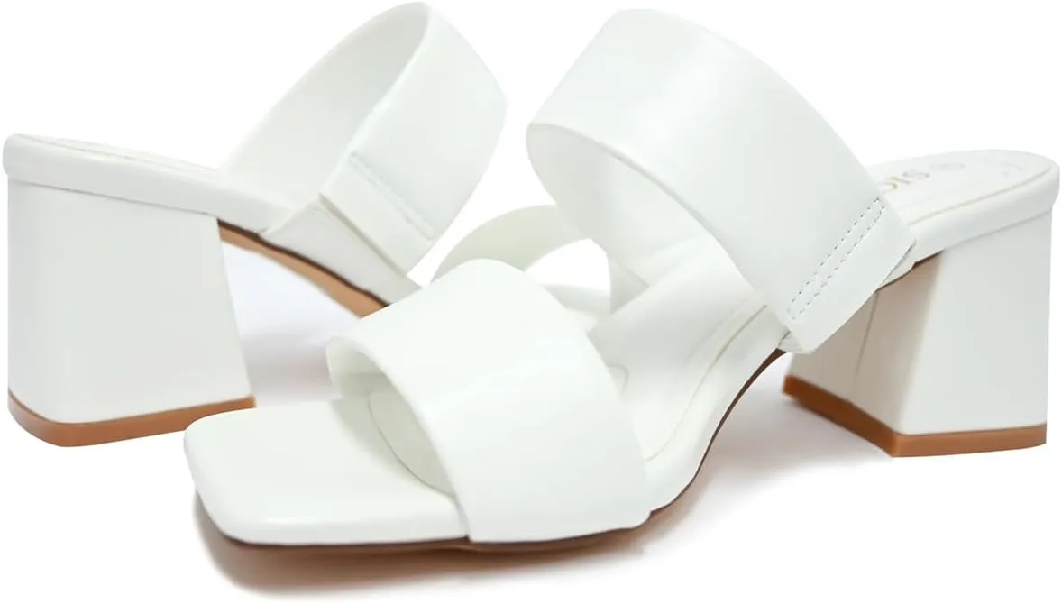 Women's Heeled Sandals Square Open Toe Two Strap Block Chunky Heels for Women Slip On Mules Sandals Black Nude White Strappy Heels for Women Dressy Wedding Party