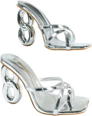 Women's High Heel Sandals – Modern Square-Toe Dress Sandals with Silver Ring Heel, Elegant Strappy Heels for Parties, Dates & Special Occasions