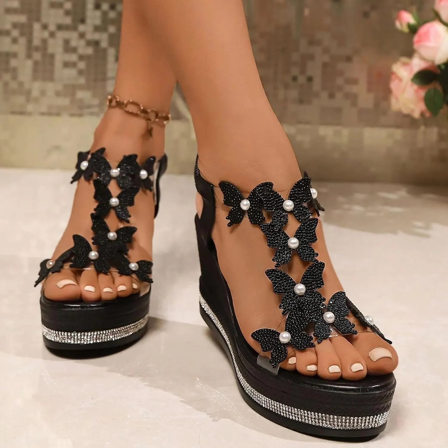 Women's High Heel Wedge Sandals Platform Fashionable Butterfly Decoration Rhinestones Cute Women Slides Sandals Platform