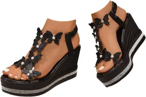 Women's High Heel Wedge Sandals Platform Fashionable Butterfly Decoration Rhinestones Cute Women Slides Sandals Platform