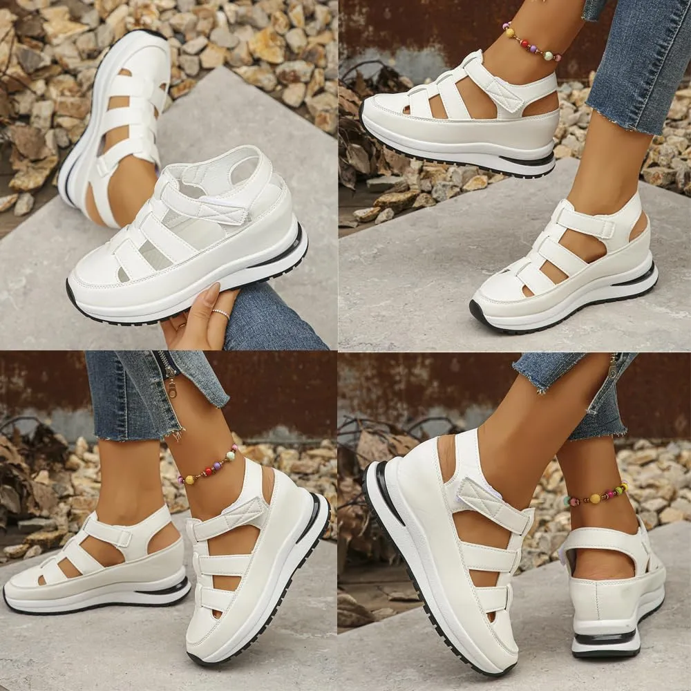Women's Hollow Out Breathable Platform Wedge Sandals Sneakers, Womens Stylish Casual Closed Toe Sandal Elastic Elastic Band Flat Slide Mules Sandals