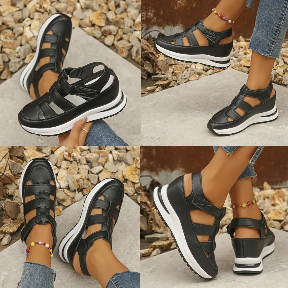 Women's Hollow Out Breathable Platform Wedge Sandals Sneakers, Womens Stylish Casual Closed Toe Sandal Elastic Elastic Band Flat Slide Mules Sandals