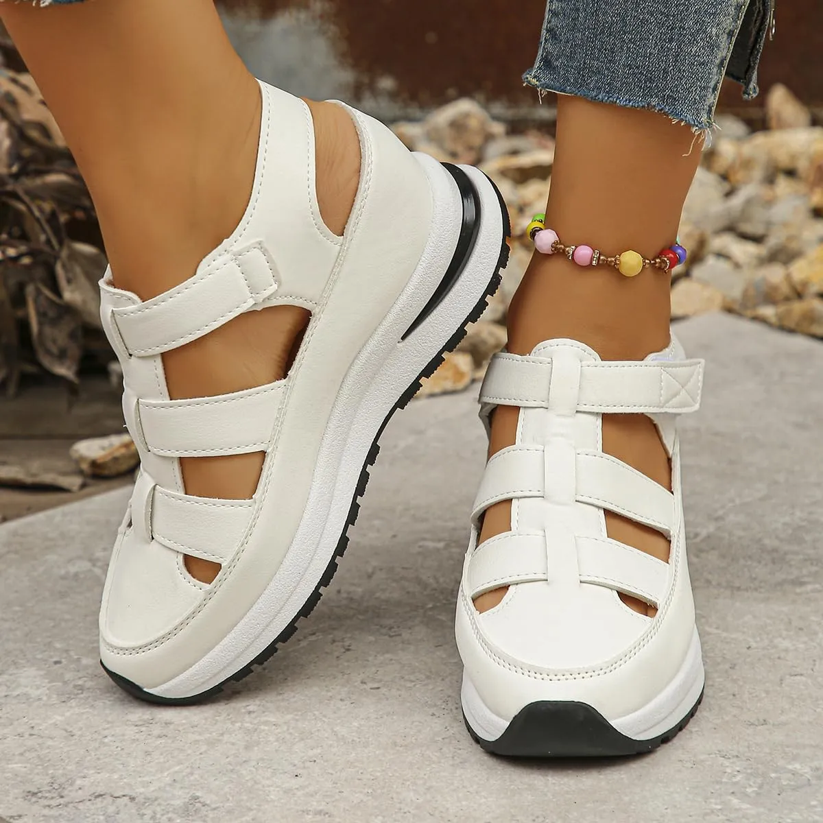 Women's Hollow Out Breathable Platform Wedge Sandals Sneakers, Womens Stylish Casual Closed Toe Sandal Elastic Elastic Band Flat Slide Mules Sandals