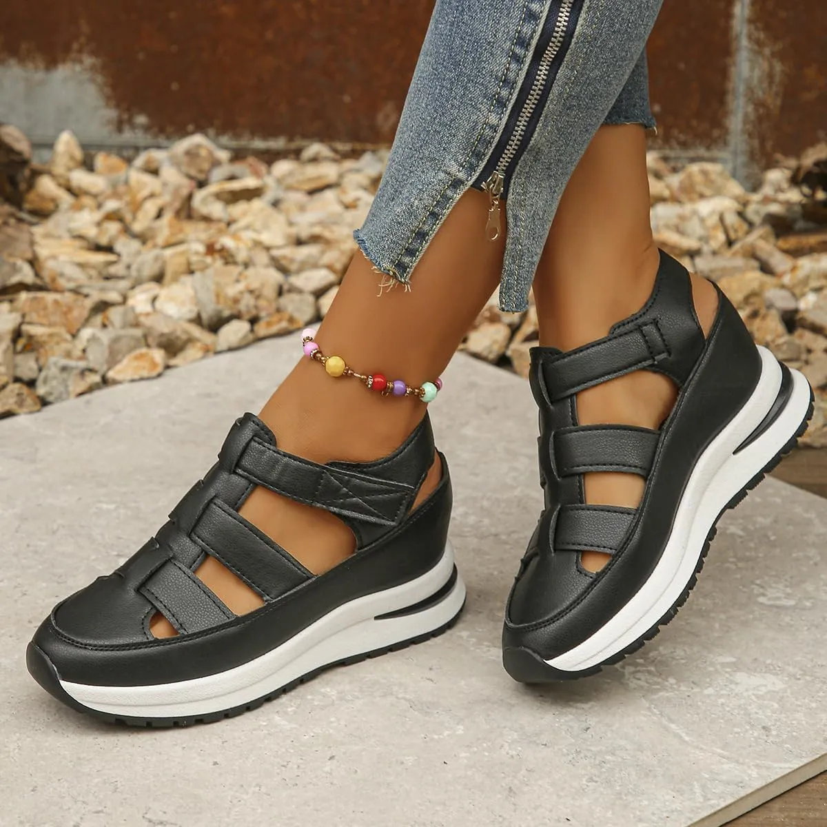 Women's Hollow Out Breathable Platform Wedge Sandals Sneakers, Womens Stylish Casual Closed Toe Sandal Elastic Elastic Band Flat Slide Mules Sandals