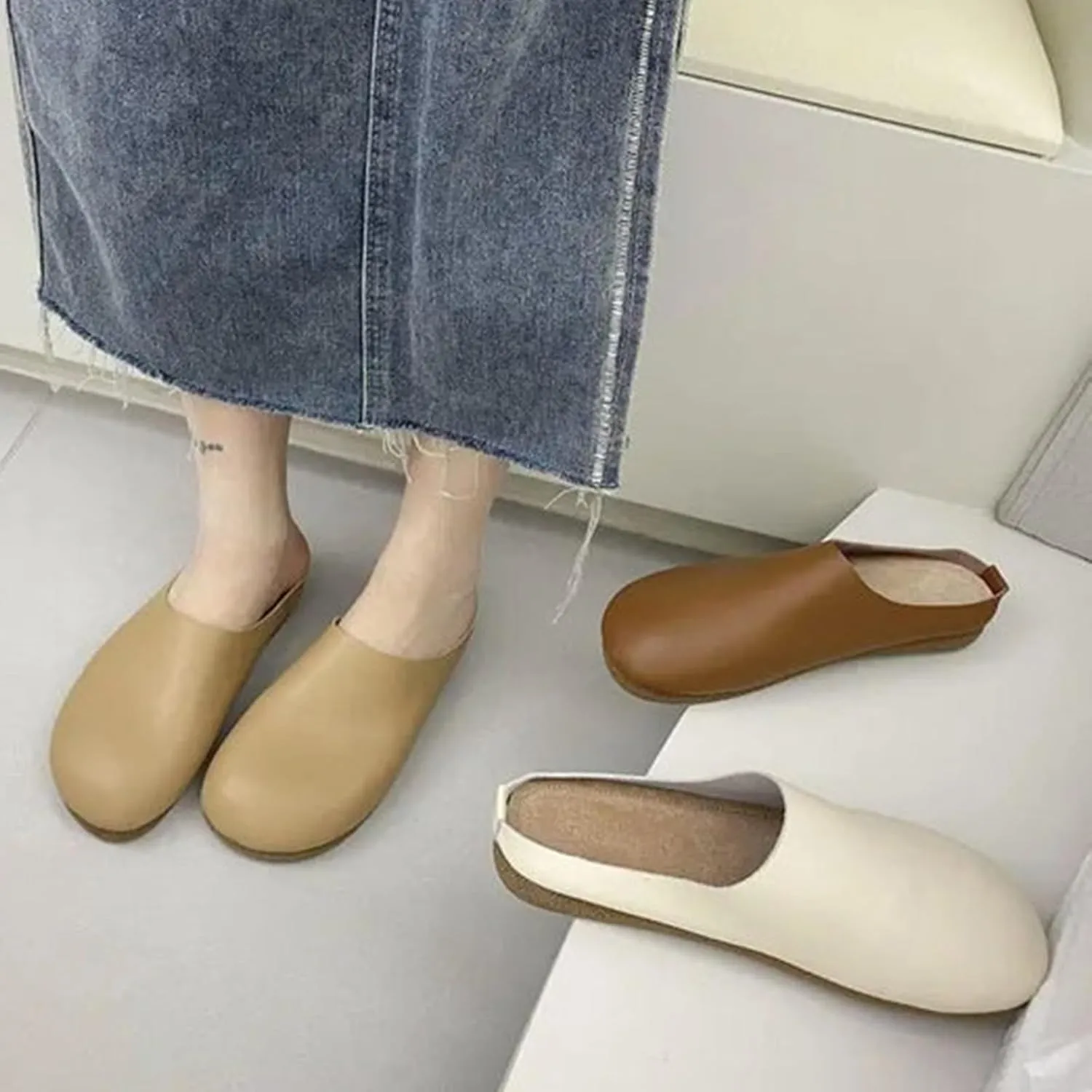 Women's Italian Leather Slippers Orthopedic Shoes, Casual Comfort Lazy Slip on Closed Toe Flat Mules with Arch Support