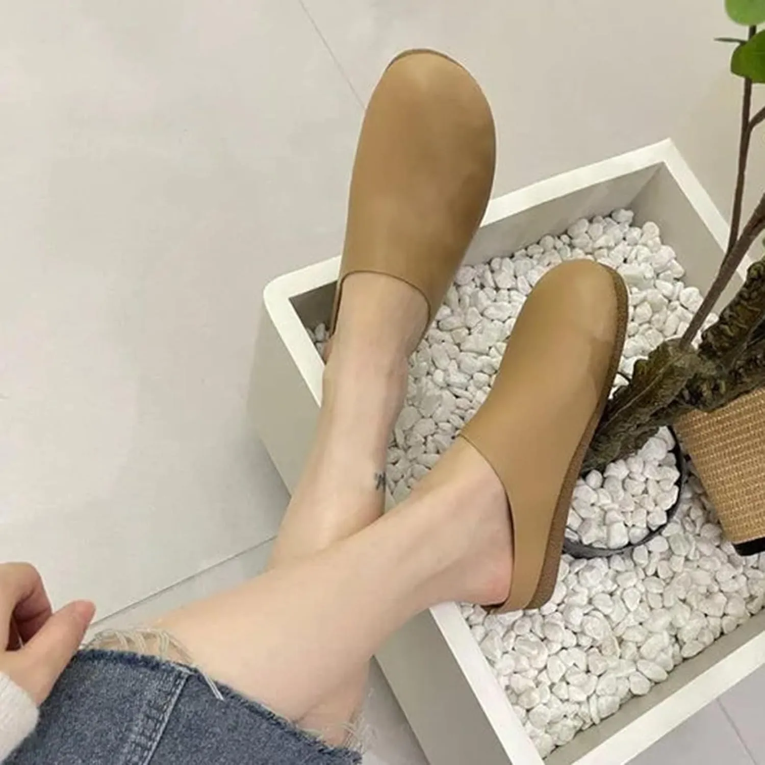 Women's Italian Leather Slippers Orthopedic Shoes, Casual Comfort Lazy Slip on Closed Toe Flat Mules with Arch Support