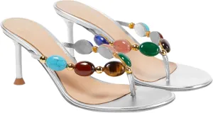 Women's Jewelled Thong Strappy Sandal Summer Mules Mid Kitten Heels Flip Flop Open Toe Fashion Wedding Party Dress Thong Shoes