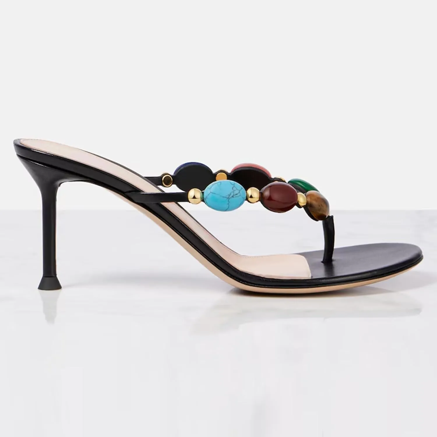 Women's Jewelled Thong Strappy Sandal Summer Mules Mid Kitten Heels Flip Flop Open Toe Fashion Wedding Party Dress Thong Shoes