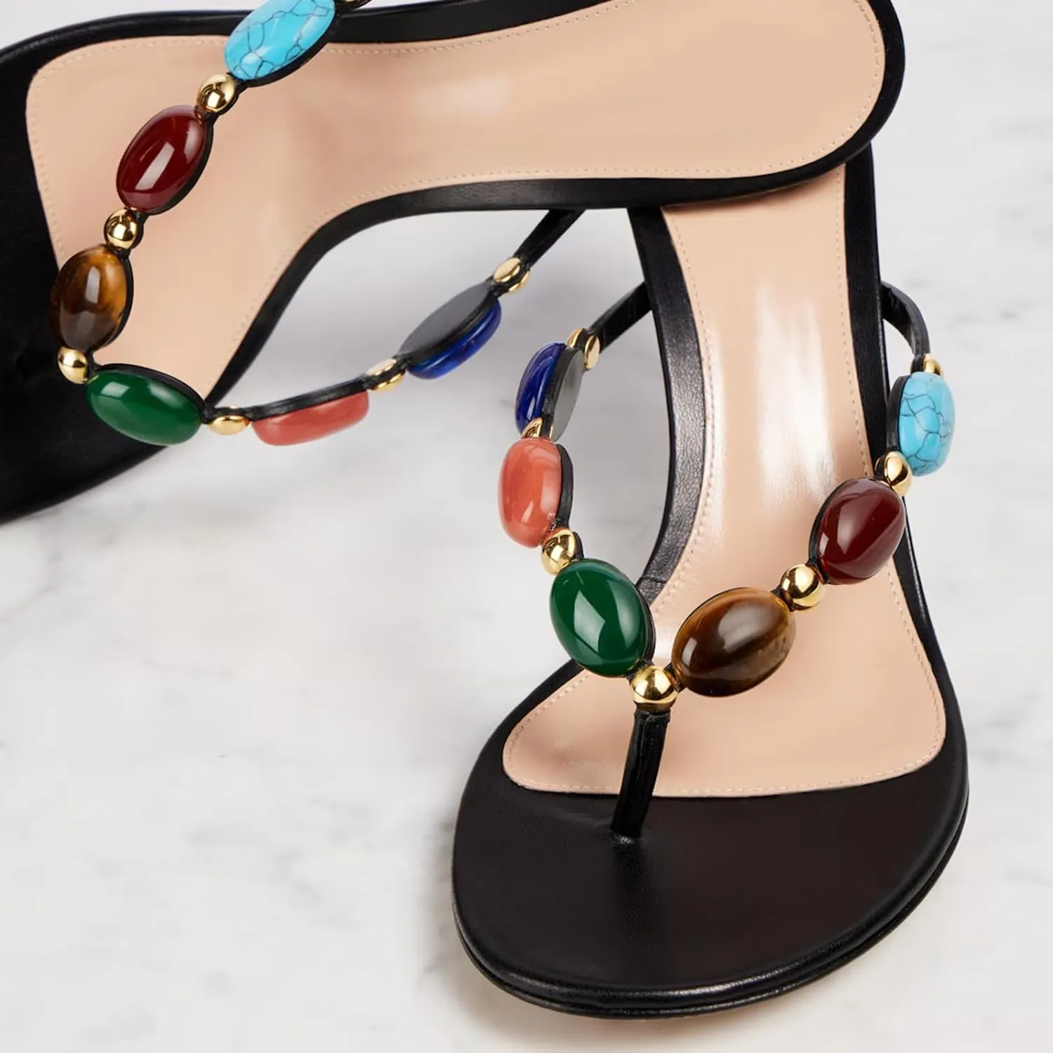 Women's Jewelled Thong Strappy Sandal Summer Mules Mid Kitten Heels Flip Flop Open Toe Fashion Wedding Party Dress Thong Shoes