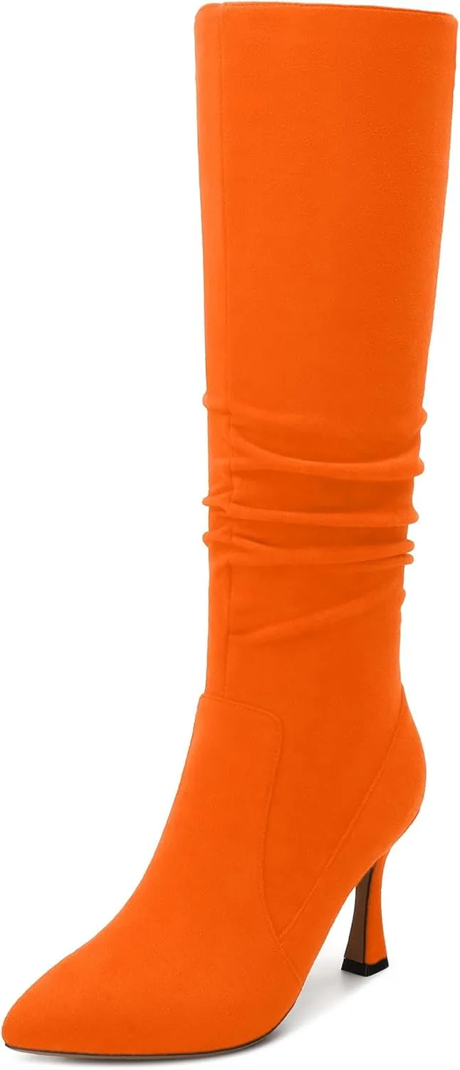 Women's Knee-High Boots, Pointed Toe Stiletto Heel Knee High Boots, Fashion Side Zipper Solid Suede Knee High Boot for Women