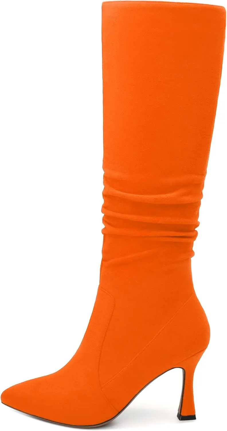 Women's Knee-High Boots, Pointed Toe Stiletto Heel Knee High Boots, Fashion Side Zipper Solid Suede Knee High Boot for Women