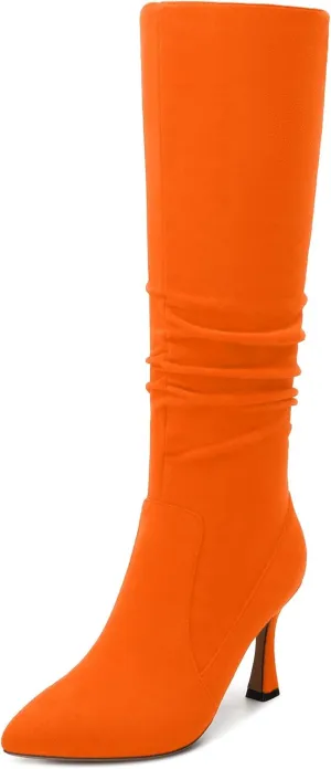 Women's Knee-High Boots, Pointed Toe Stiletto Heel Knee High Boots, Fashion Side Zipper Solid Suede Knee High Boot for Women