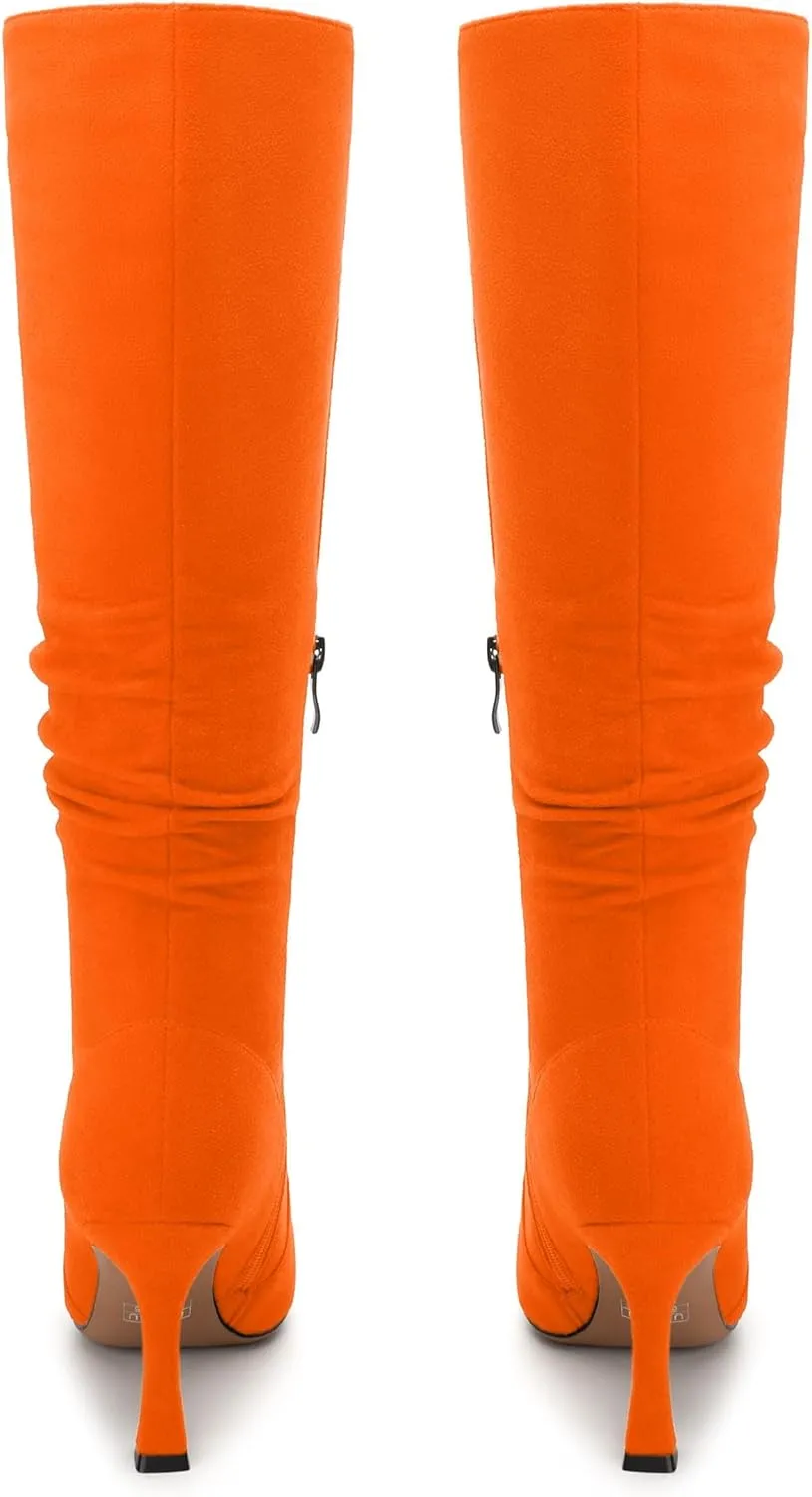 Women's Knee-High Boots, Pointed Toe Stiletto Heel Knee High Boots, Fashion Side Zipper Solid Suede Knee High Boot for Women