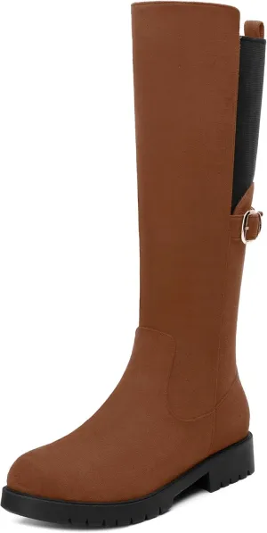 Women's Knee High Boots, Side Zip Low Heel Knee High Booties, Round Toe Fashion Buckle Solid Suede Knee High Boots for Women