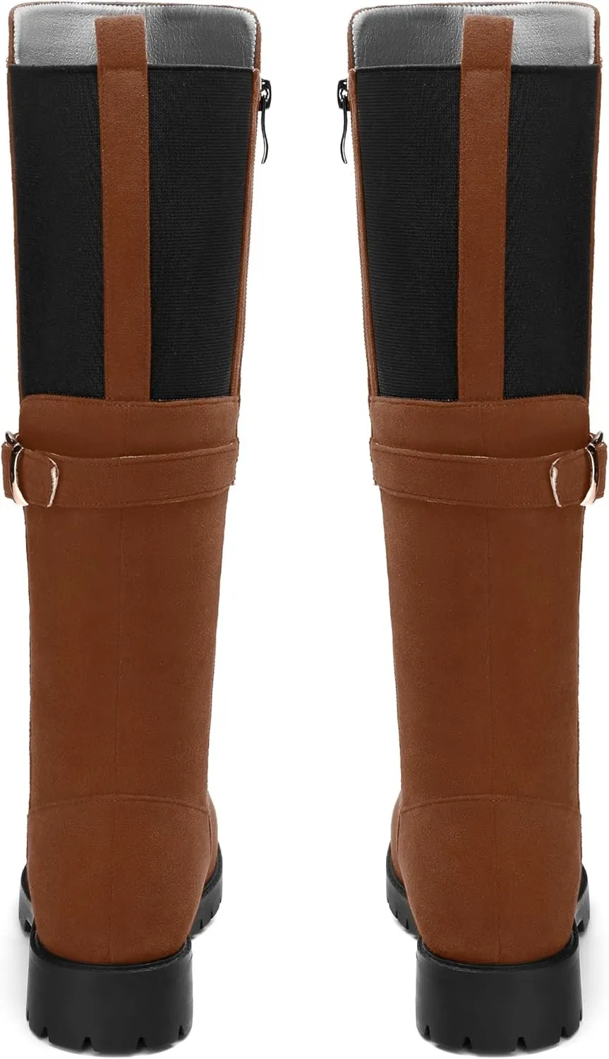 Women's Knee High Boots, Side Zip Low Heel Knee High Booties, Round Toe Fashion Buckle Solid Suede Knee High Boots for Women