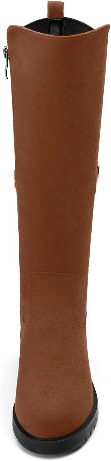 Women's Knee High Boots, Side Zip Low Heel Knee High Booties, Round Toe Fashion Buckle Solid Suede Knee High Boots for Women