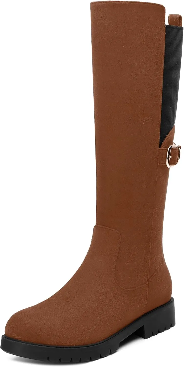 Women's Knee High Boots, Side Zip Low Heel Knee High Booties, Round Toe Fashion Buckle Solid Suede Knee High Boots for Women