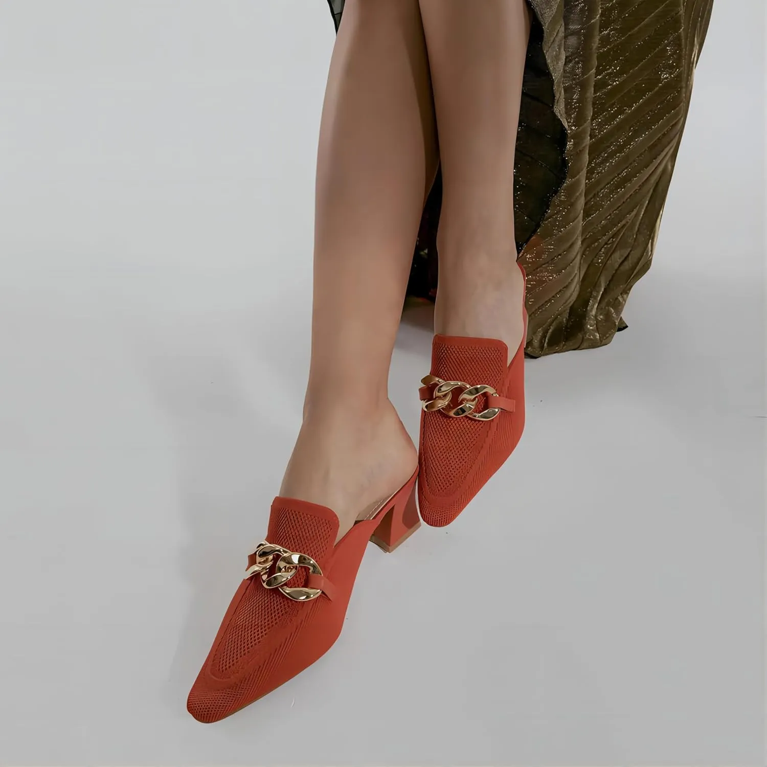 Women's Knit Pointed Toe Chunky Heel Mules, Comfortable Slip-On Sandals for Business and Daily Wear
