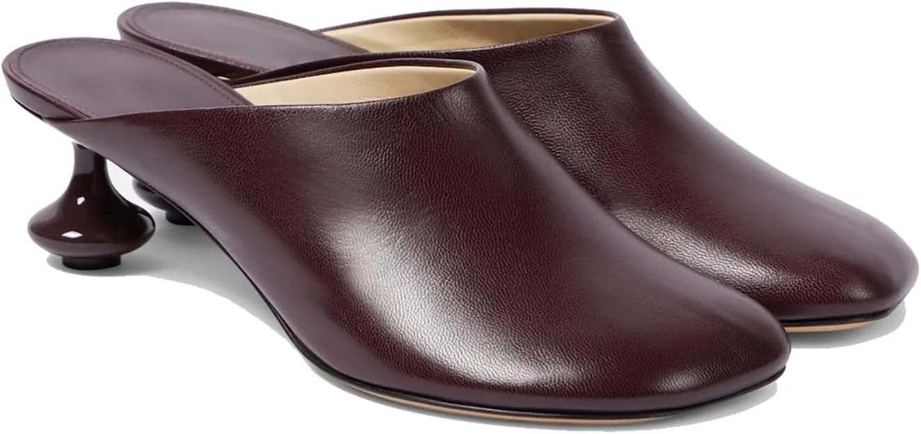 Women's Leather Kitten Heel Mules Slip-On Pumps - 2'' Closed Round Toe Comfortable Shoes for Party, Banquet, Dress