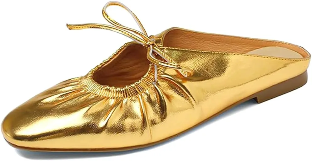 Women's Leather Lace Up Slingback Flat Mules,Closed Toe Square Toe Ballet Flats, Casual Comfortable Dressy Dating Work Shoes for Women, Gold