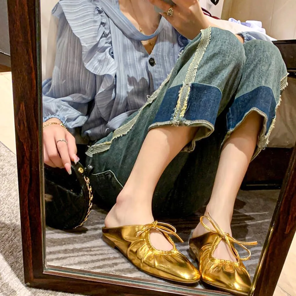 Women's Leather Lace Up Slingback Flat Mules,Closed Toe Square Toe Ballet Flats, Casual Comfortable Dressy Dating Work Shoes for Women, Gold