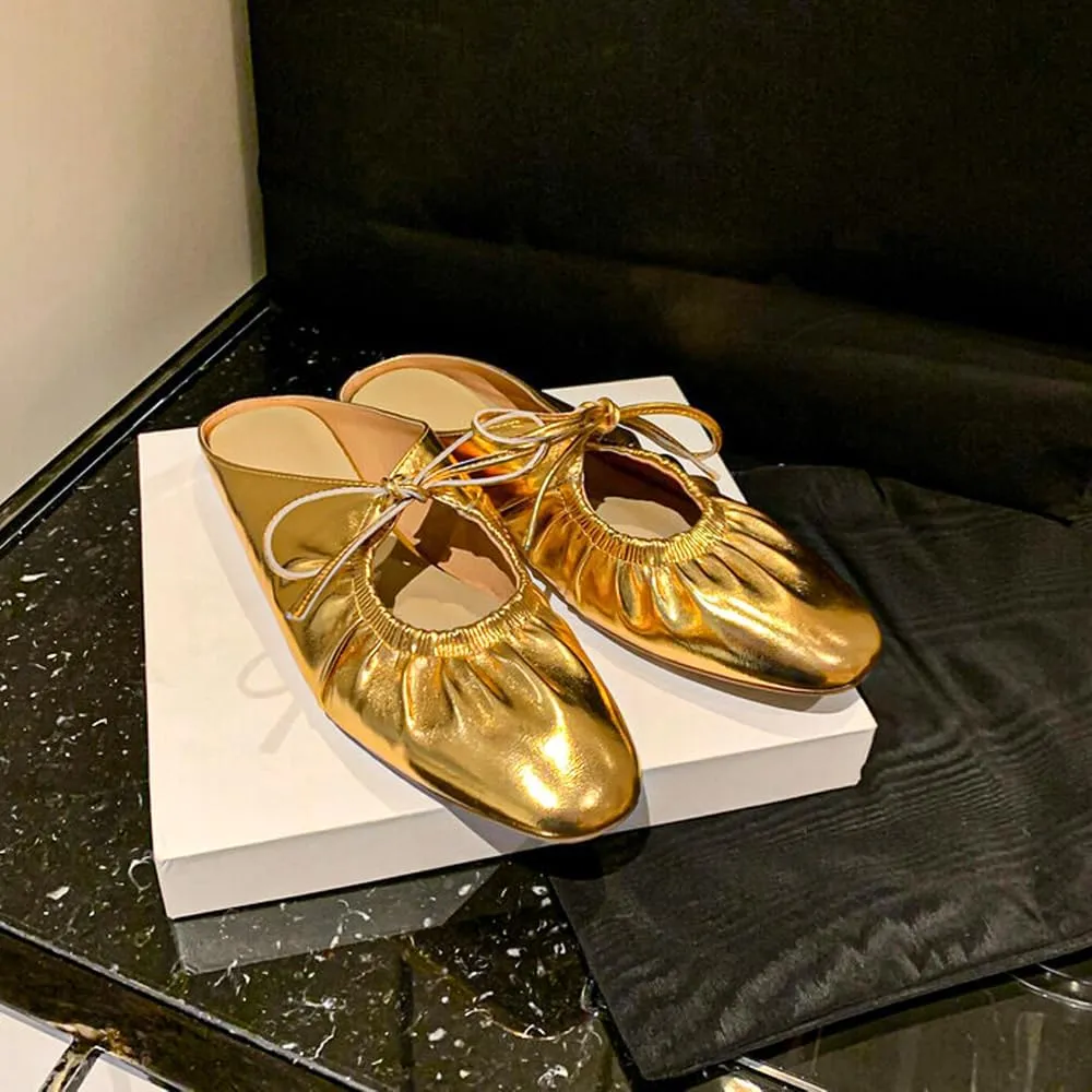 Women's Leather Lace Up Slingback Flat Mules,Closed Toe Square Toe Ballet Flats, Casual Comfortable Dressy Dating Work Shoes for Women, Gold